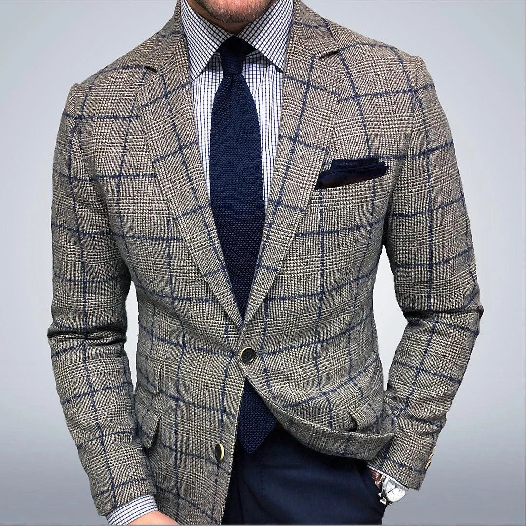 Men's tailored checkered blazer with lapel collar