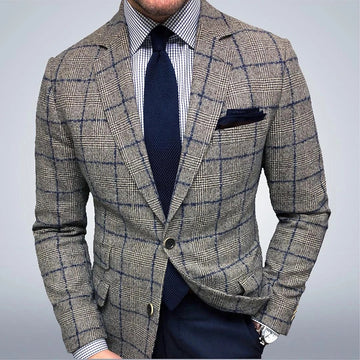 Men's tailored checkered suit with lapel collar