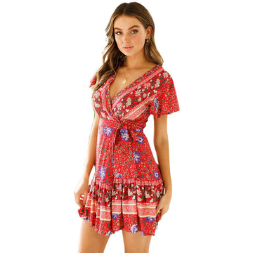 Women's Wrap Dress - Floral Print - Short Sleeve - Adjustable Waist - Mini Length