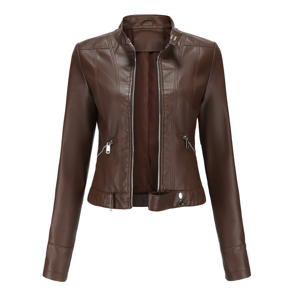 Women's long sleeve leather biker jacket with stand collar