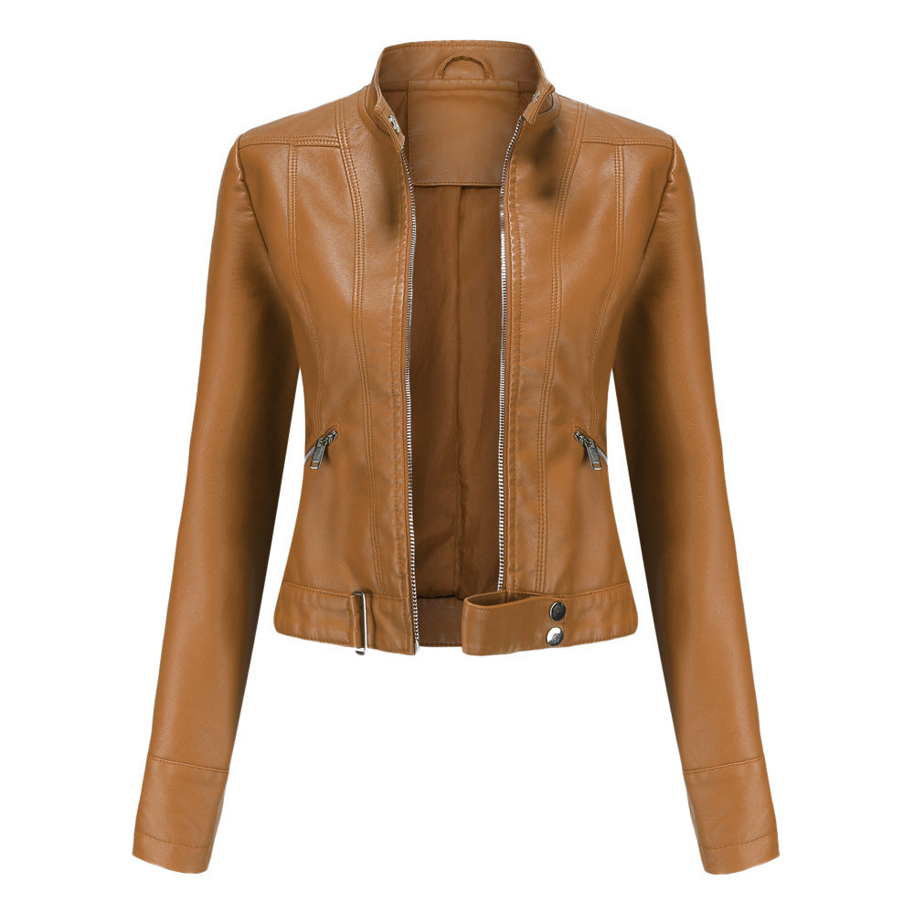 Women's long sleeve leather biker jacket with stand collar