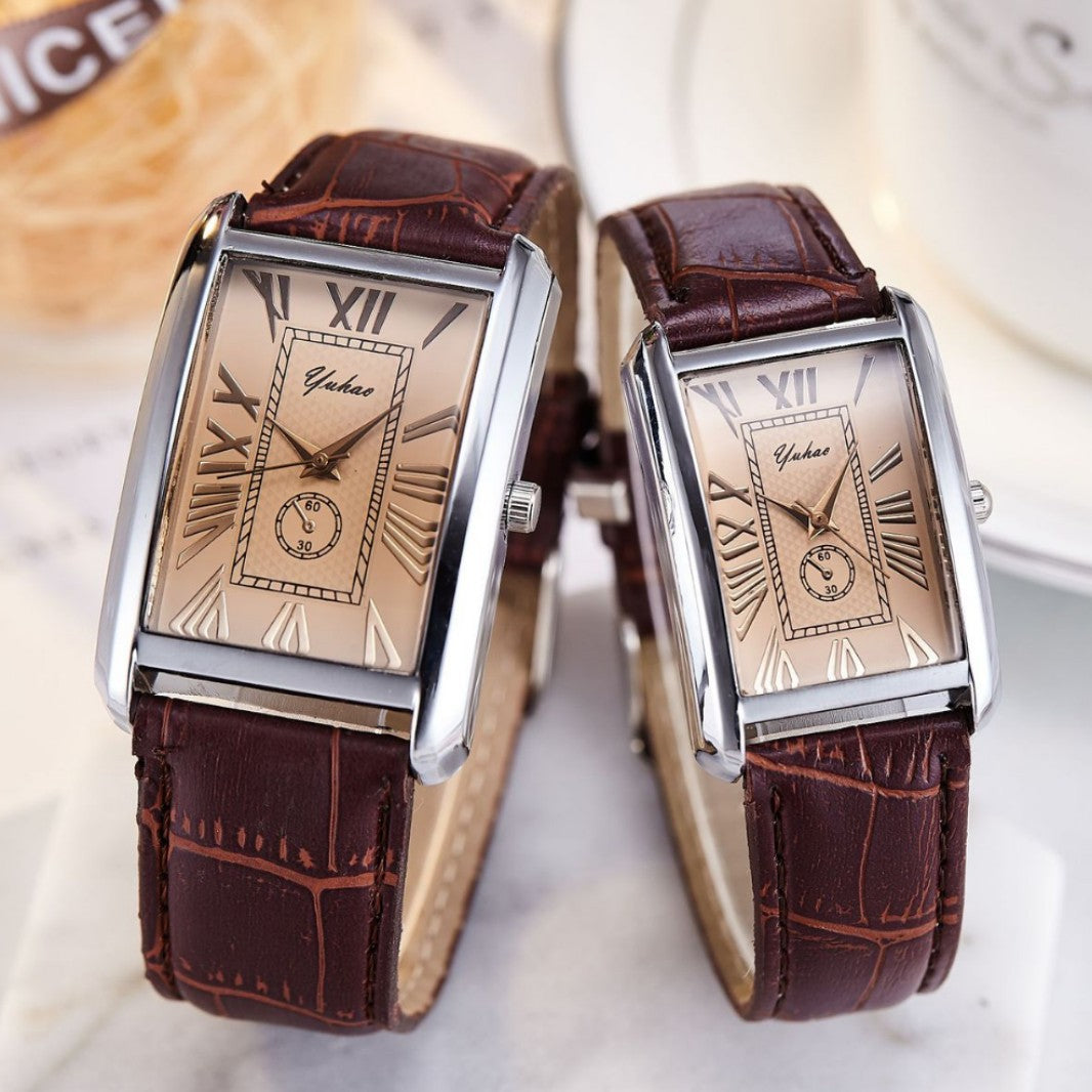 Couple Rectangular Watch Two-Piece Set | Roman Numeral Dial Solid Rectangular Watch