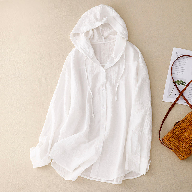 Hooded Button-Front Shirt with Rounded Hem and Drawstring Hood