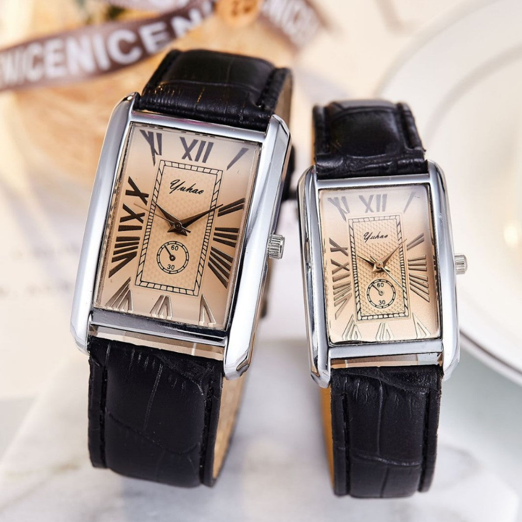 Couple Rectangular Watch Two-Piece Set | Roman Numeral Dial Solid Rectangular Watch