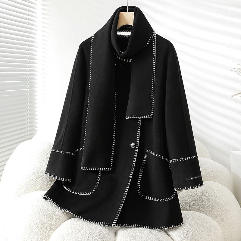 Women's casual contrast color woolen jacket with hook scarf collar