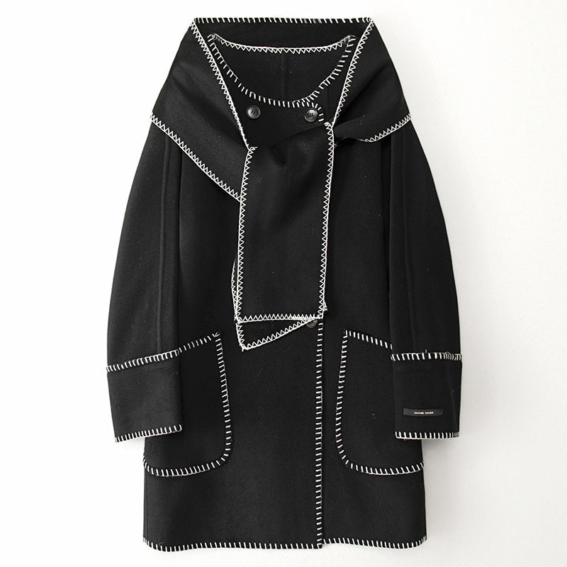 Women's casual contrast color woolen jacket with hook scarf collar