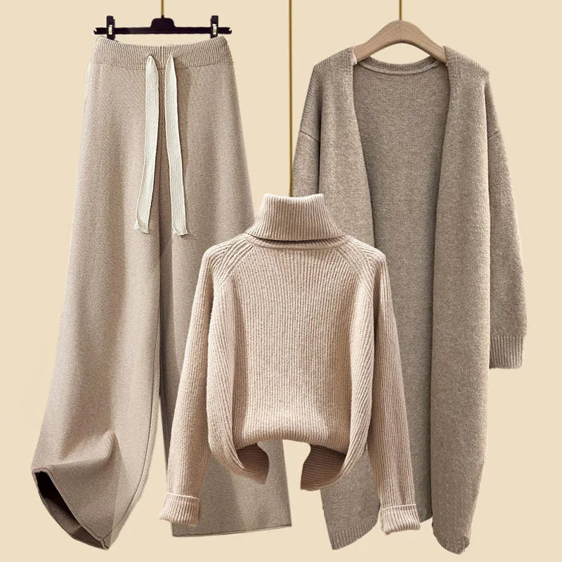 Women's cardigan jacket with turtleneck sweater and wide-leg pants set