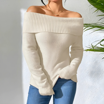 Women’s Off-Shoulder Sweatshirt – Slim Fit – Soft Knit – Ribbed Trim – Long Sleeve