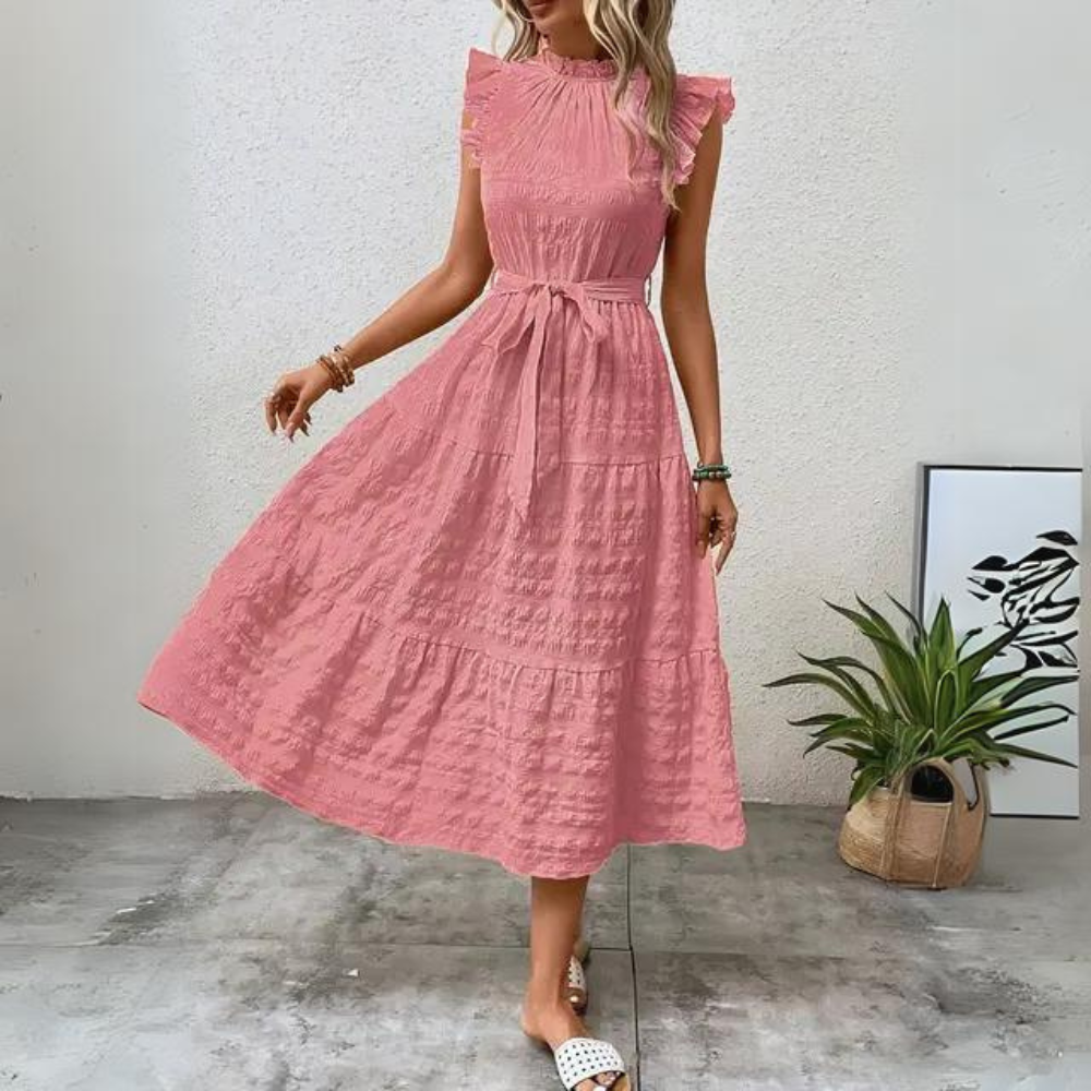 Women's Midi Dress - A-Line Tiered Silhouette - Ruffle Cap Sleeves - Belted Waist