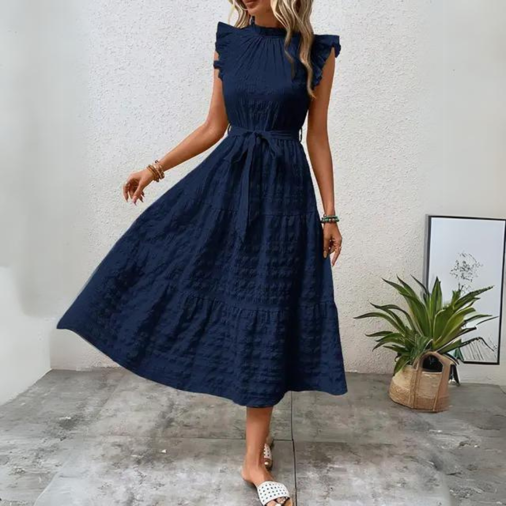 Women's Midi Dress - A-Line Tiered Silhouette - Ruffle Cap Sleeves - Belted Waist