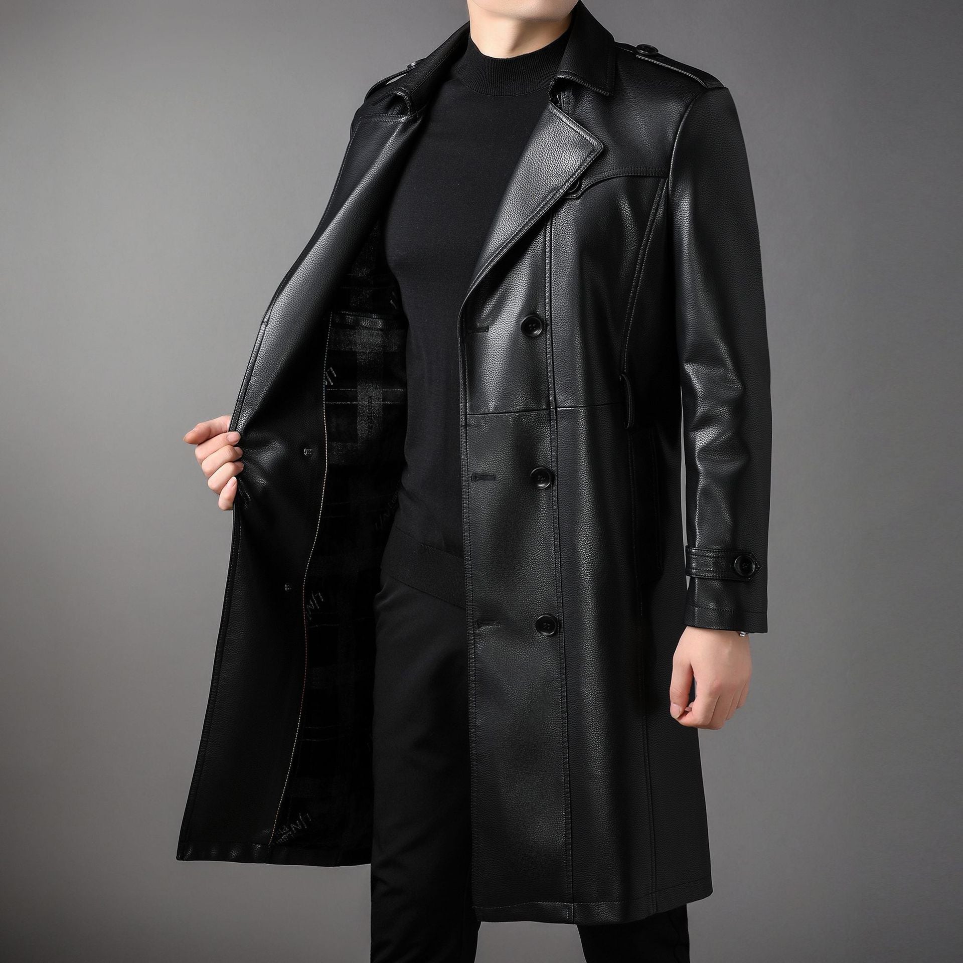 Men’s Leather Trench Coat - Double Breasted - Belted Waist - Knee Length Classic