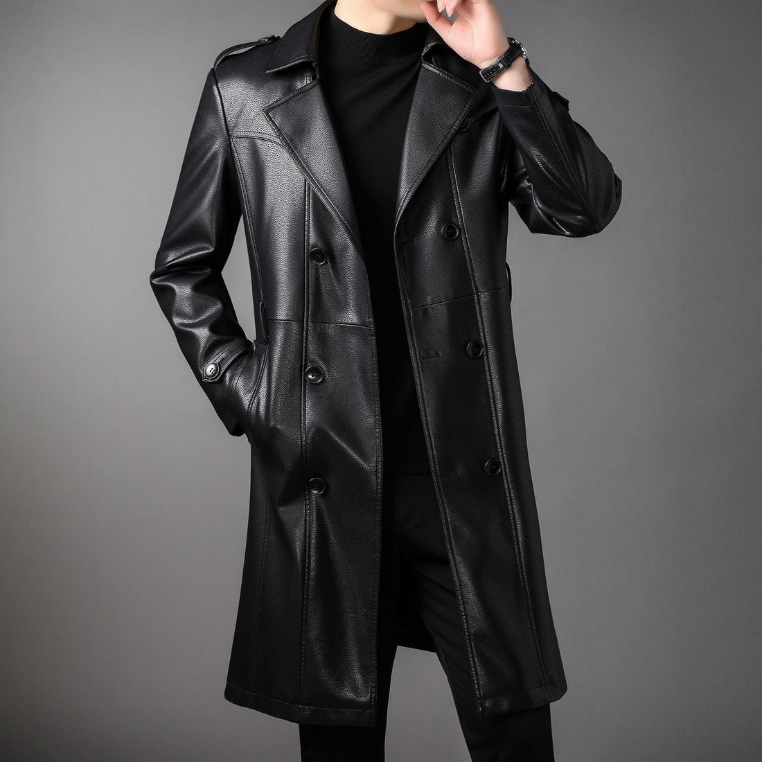 Men's black trench coat with lapels