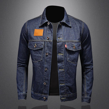 Men's dark blue simple patch pocket denim jacket