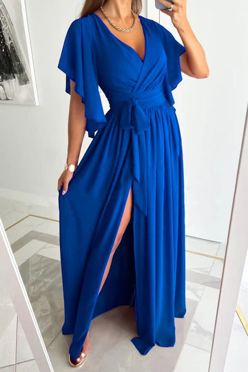 Women's Wrap Maxi Dress - V-Neck - Flutter Sleeves - Belted Waist - High Slit