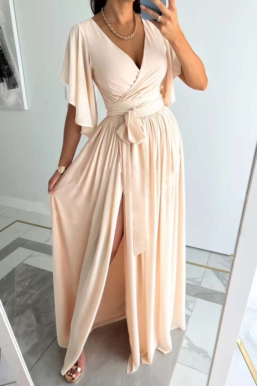 Women's Wrap Maxi Dress - V-Neck - Flutter Sleeves - Belted Waist - High Slit