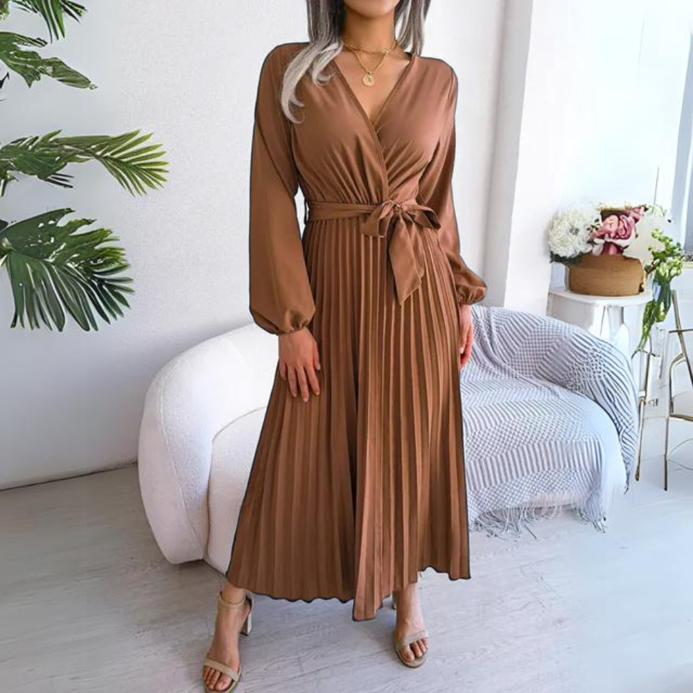 Women's Midi Wrap Dress - V-Neck - Long Sleeve - Pleated Skirt - Tie Waist Elegant Fit