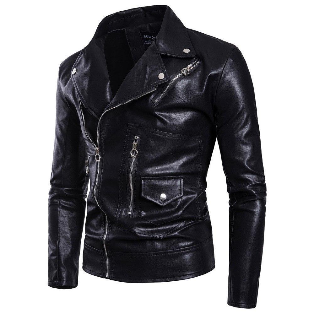 Men's black leather jacket with asymmetrical zipper