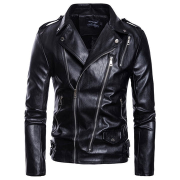 Men's leather jacket with asymmetrical zipper and buckles