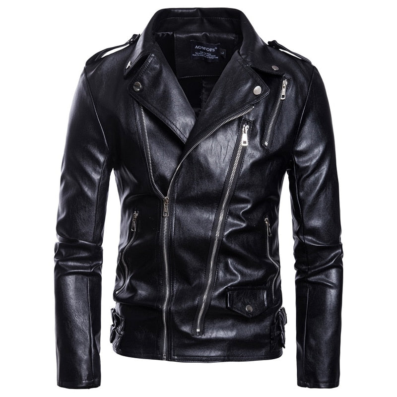 Men's motorcycle leather jacket with multi-zipper design