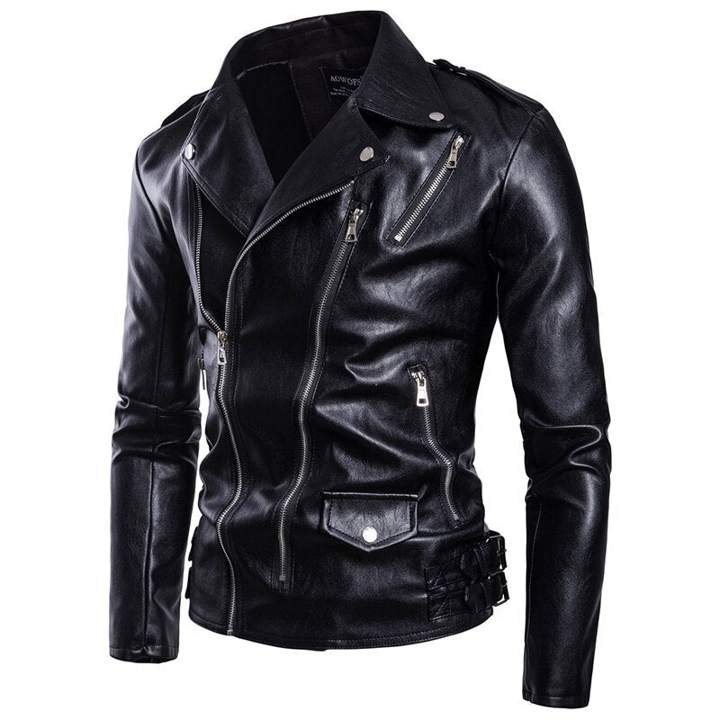 Men's motorcycle leather jacket with multi-zipper design