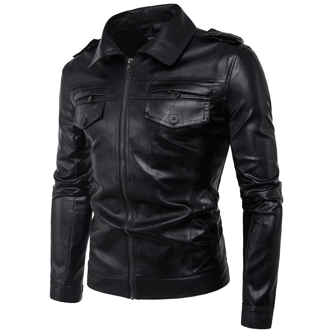 Men's leather biker jacket with lapel collar & pockets