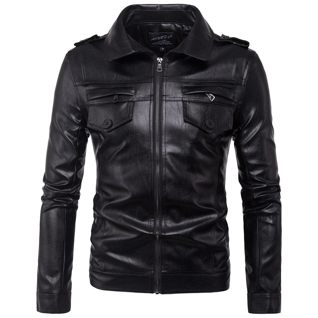 Men's leather biker jacket with lapel collar & pockets