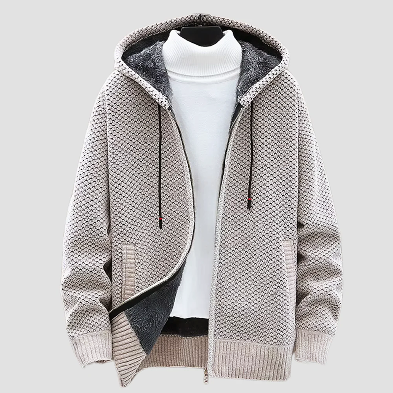 Freddie Relaxed Fit Knit Hoodie | Geometric Pattern Zip Front Hoodie