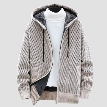 Freddie Relaxed Fit Knit Hoodie | Geometric Pattern Zip Front Hoodie