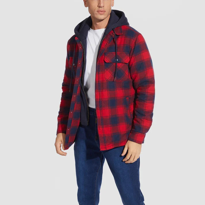 Men's hooded plaid shirt jacket for layered comfort