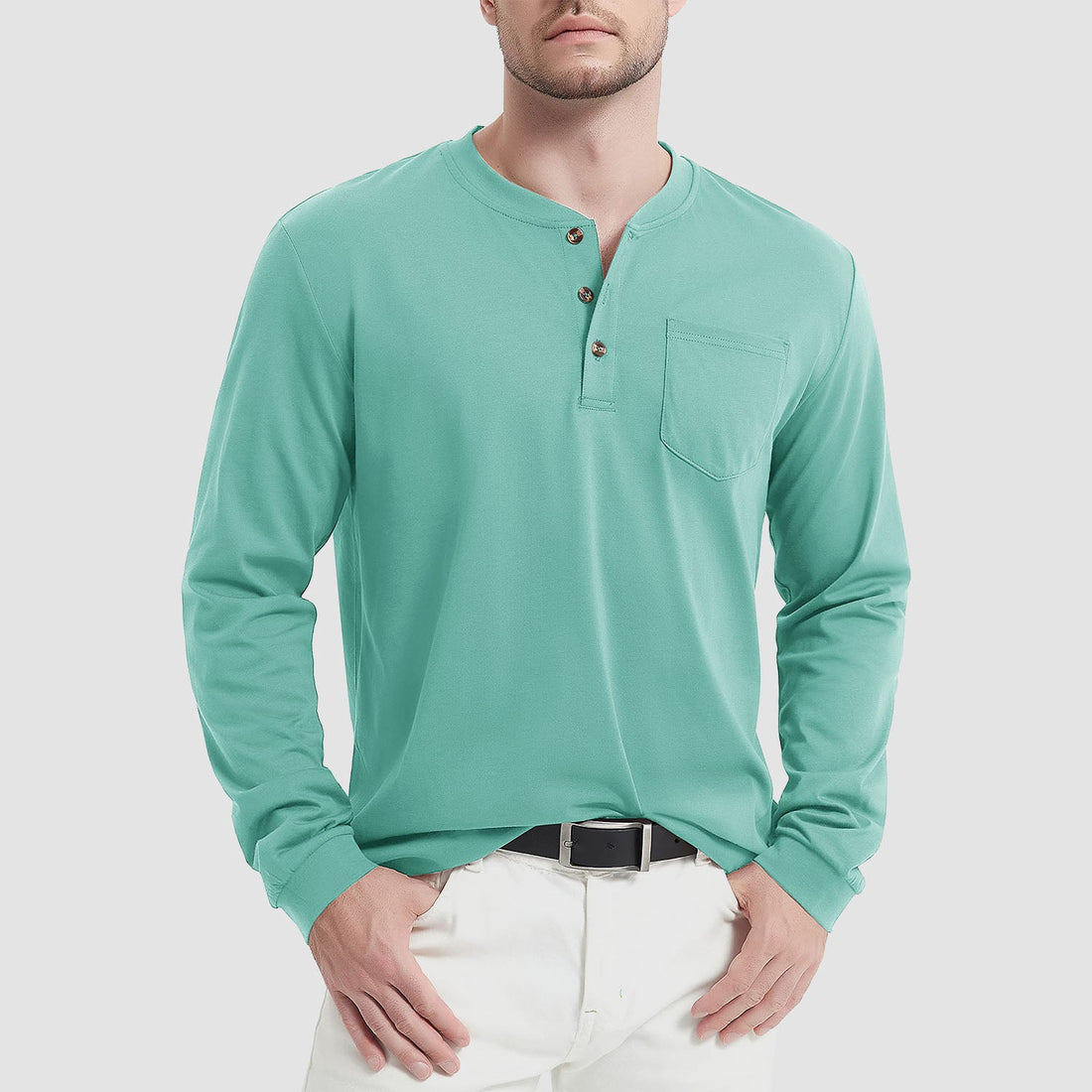 Men's long sleeve tee with button-down collar and chest pocket