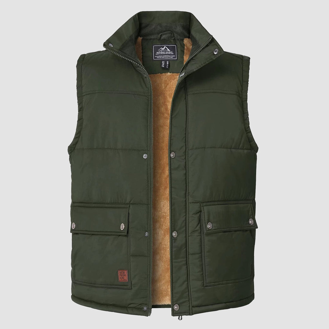 Men's winter vest with stand-up collar and zipper closure