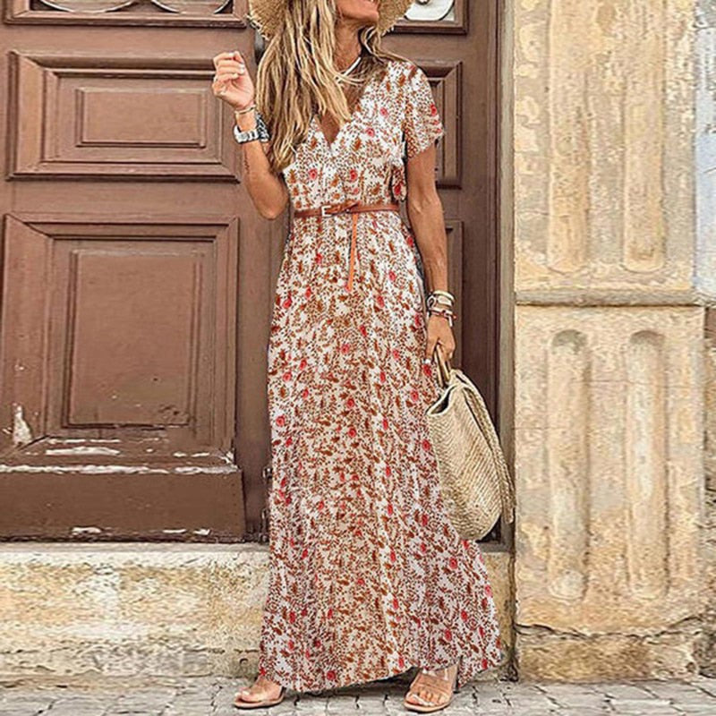 Women's Maxi Dress - V-Neck Short Sleeve - Flowing Fit with Waist Belt - Side Slit