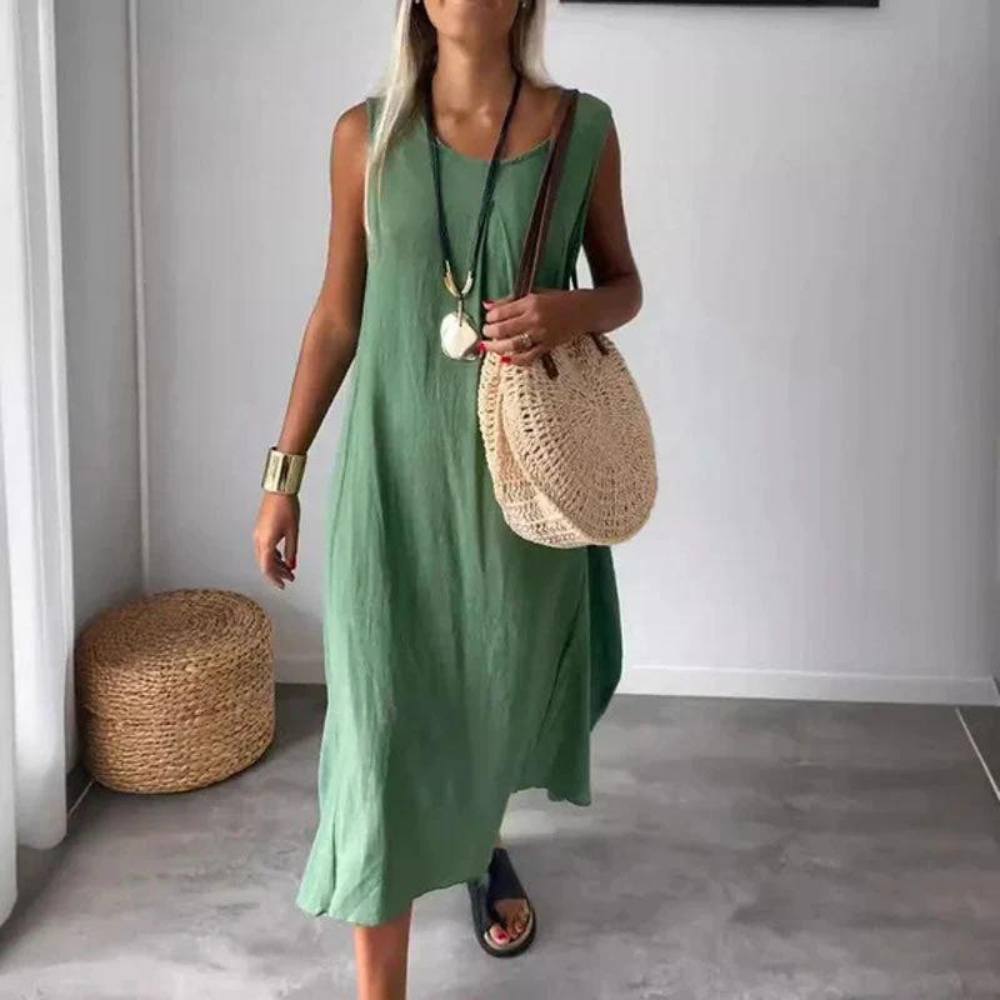 Women's Sleeveless Cotton Dress - Loose Fit - Mid-Calf Length - Casual Elegant Wear