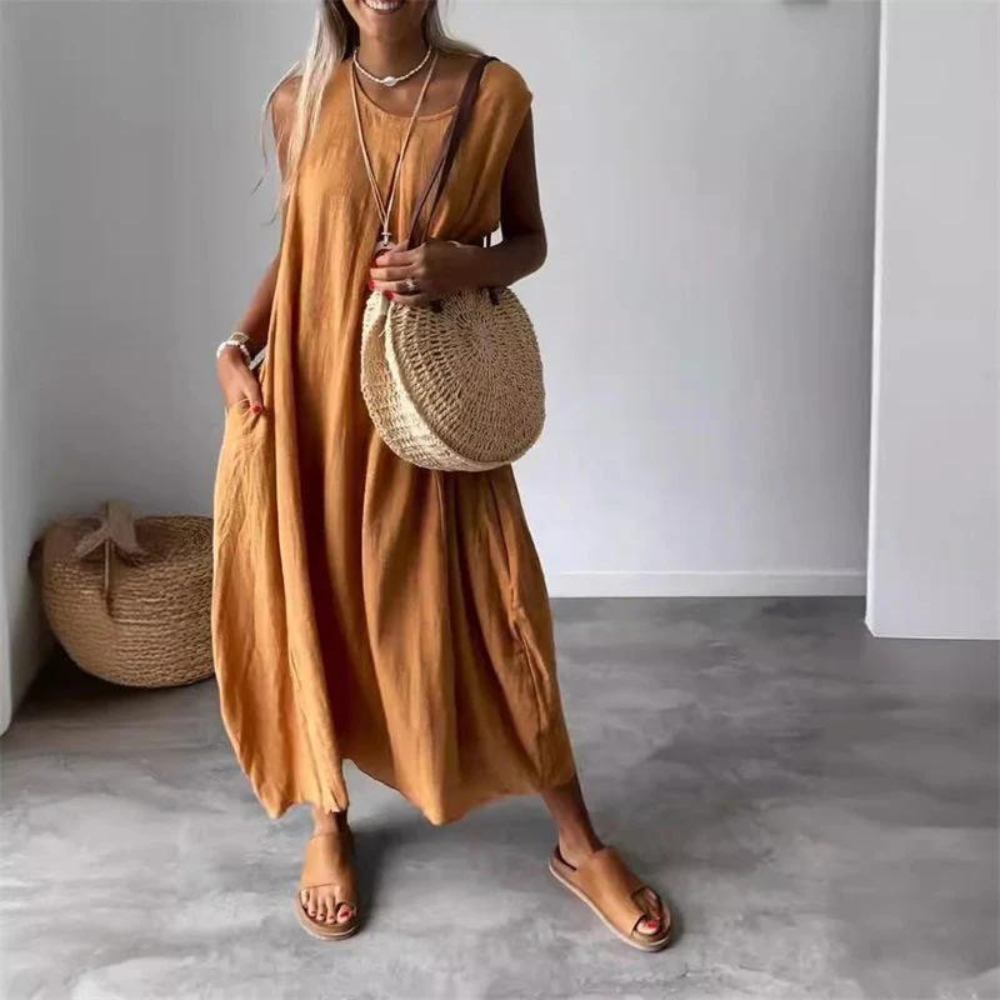 Women's Sleeveless Cotton Dress - Loose Fit - Mid-Calf Length - Casual Elegant Wear