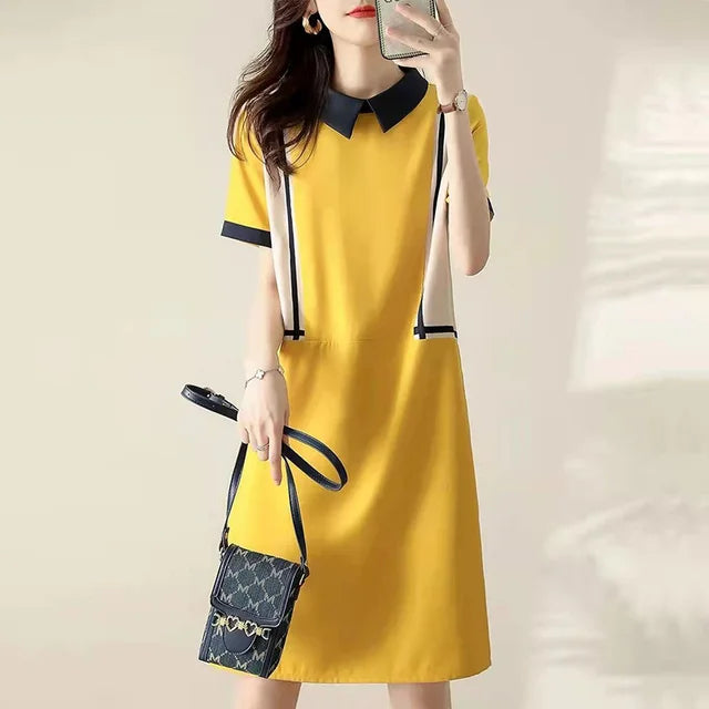 Women's Midi Dress with Peter Pan Collar and Short Sleeves