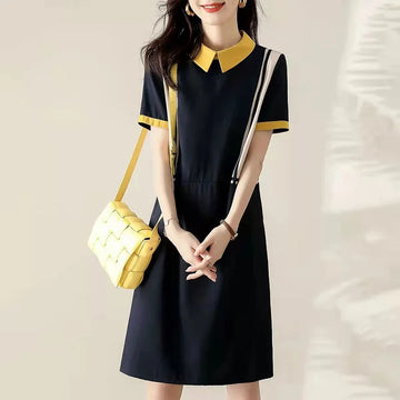 Women's Midi Dress with Peter Pan Collar and Short Sleeves