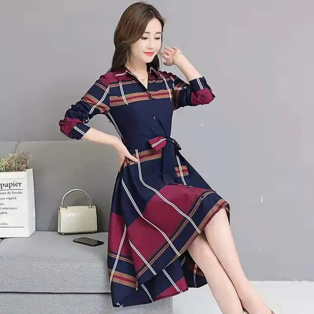 Women's Asymmetrical Plaid Midi Dress with Lapel Collar