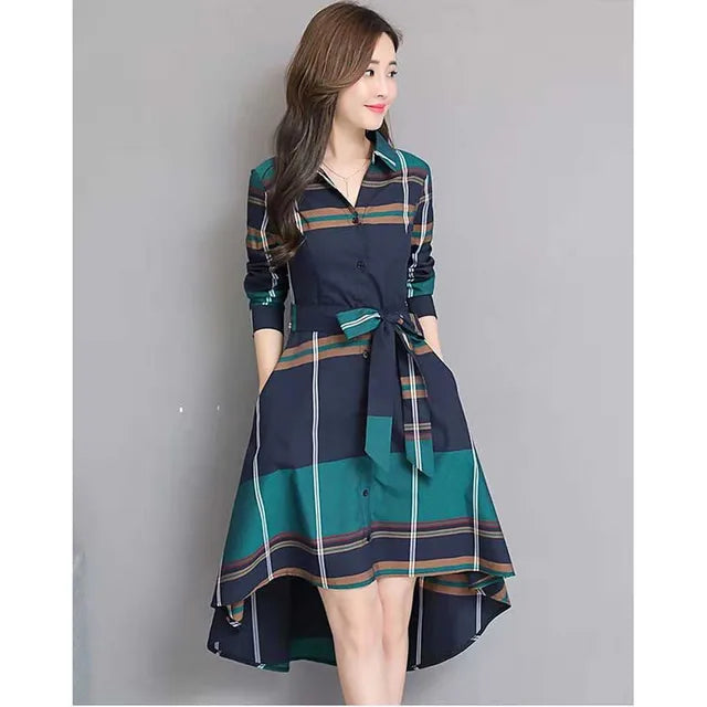 Women's Asymmetrical Plaid Midi Dress with Lapel Collar