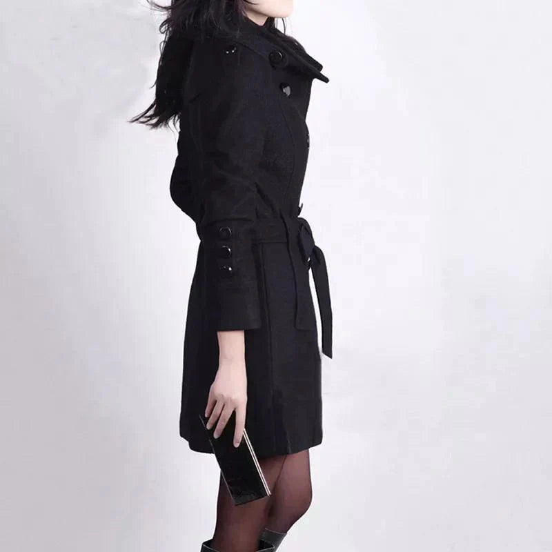 Women's Trench Coat - Wool Blend - Double-Breasted Knee-Length - Notched Collar