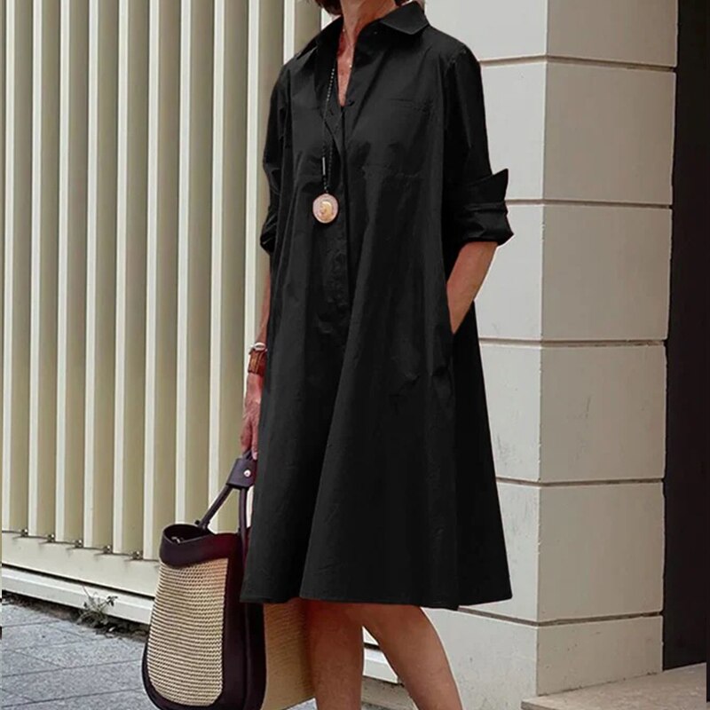 Women's Shirt Dress - Loose Fit - Knee-Length - 3/4 Sleeve with Pockets