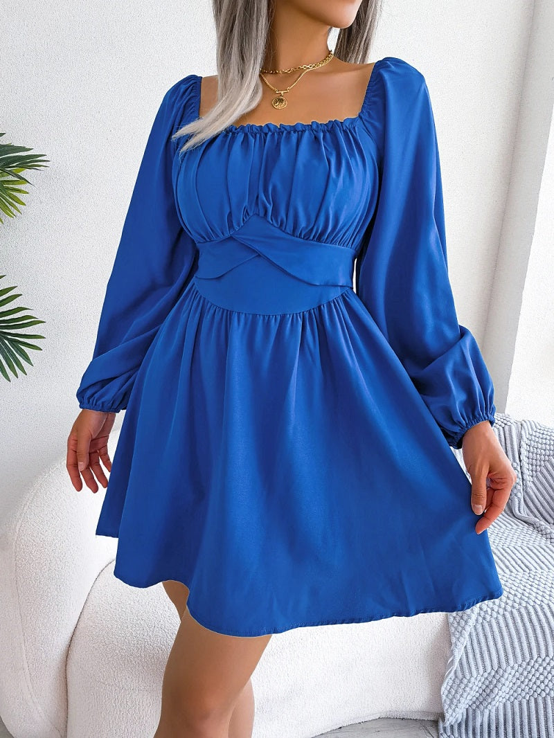 Women's Mini Dress - Square Neck - Long Puff Sleeves - Fitted Gathered Bodice