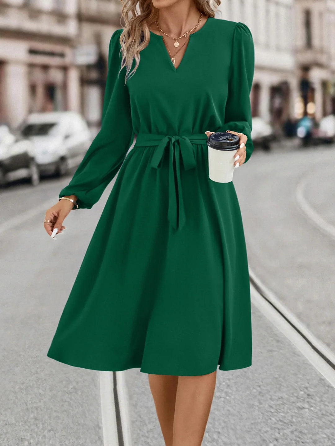 Women's cozy and comfortable v neck midi dress with belt