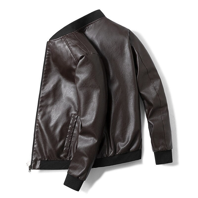 Men's leather jacket with long sleeves and side zippered pockets for autumn