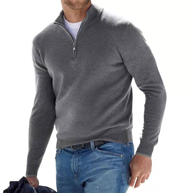 Men’s V-Neck Sweater – Wool Knit – Regular Fit – Zip Neck – Ribbed Trim Pullover