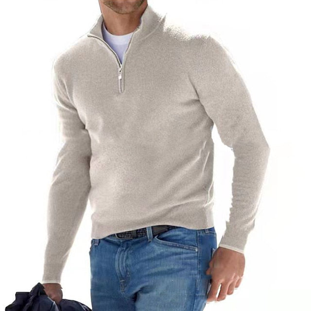 Men’s V-Neck Sweater – Wool Knit – Regular Fit – Zip Neck – Ribbed Trim Pullover