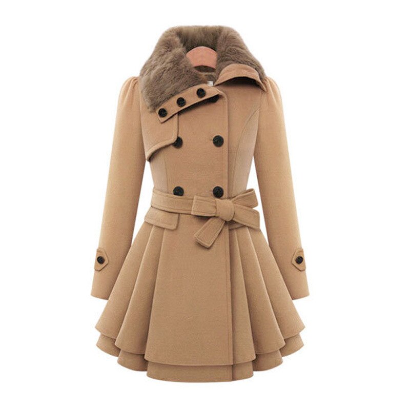 Women's Double-Breasted Coat - Fit-and-Flare - Faux Fur Collar - Belted Waist