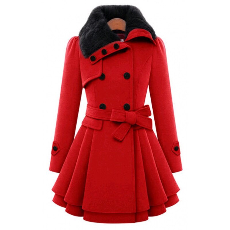 Women's Double-Breasted Coat - Fit-and-Flare - Faux Fur Collar - Belted Waist