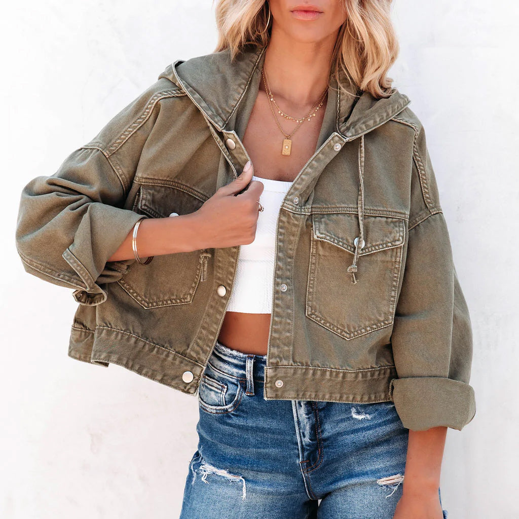 Women's cropped hooded denim jacket