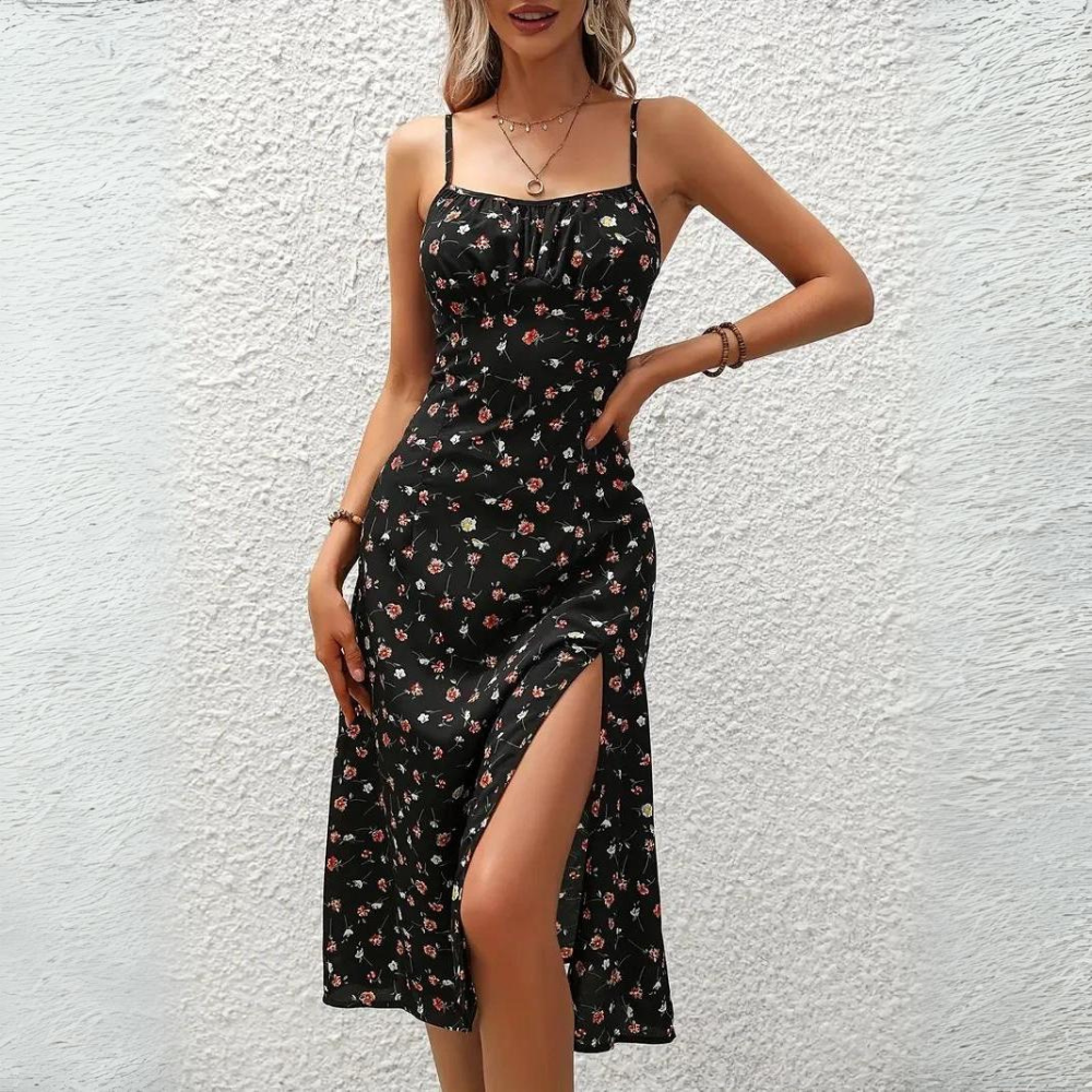 Women's Midi Dress - Floral Print - Square Neck - Spaghetti Straps - High Slit