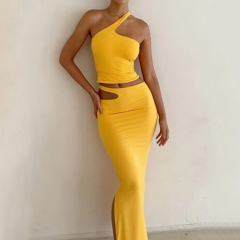 Women’s Two-Piece Skirt Set – Stretch Slim Fit – One Shoulder Top – Midi Cut-Out Skirt